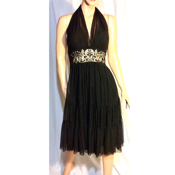 $138 Black Plunge Neck Halter Embroidered Layered Gypsycore Chiffon Dress~4~NWOT - Picture 3 of 12